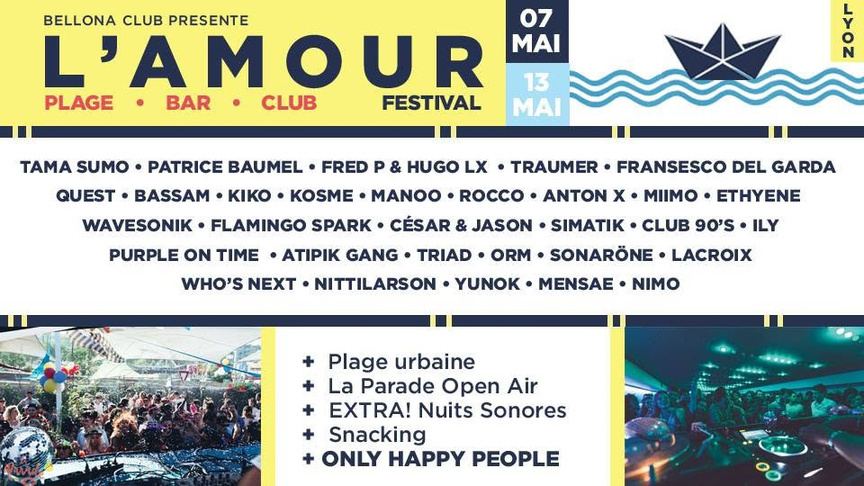 Flyer L'Amour Festival au Bellona Club, Lyon, Extra Nuits Sonores